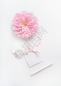 彩色模拟粉红色花,空白纸卡与丝带点笔白色桌背景,顶部视图母亲节婚礼快乐活动的贺卡布局图片