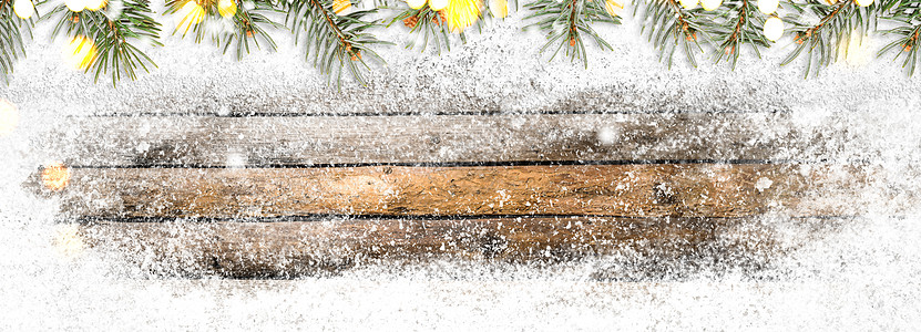 诞节新雪季木桌,以冷杉为背景冬季季节木桌图片