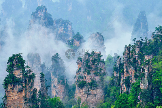 中国著名的旅游景点张家界石柱崖山雾云中,湖南武陵源,中国张家界山脉,中国图片