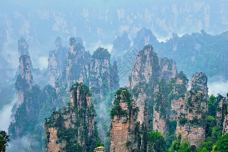 中国著名的旅游景点张家界石柱崖山雾云中,湖南武陵源,中国张家界山脉,中国图片