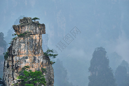 中国著名的旅游景点张家界石柱崖山雾云中,湖南武陵源,中国带着相机锅张家界山脉,中国背景图片