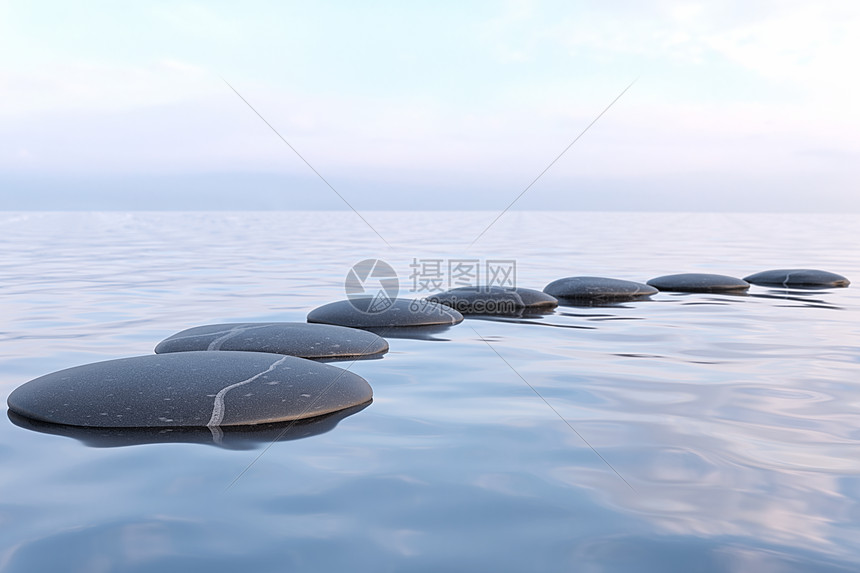 禅石水中与反射平冥想放松水中的禅宗石头图片