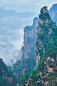 中国著名的旅游景点张家界石柱崖山雾云中,缆车湖南武陵源,中国带着相机锅张家界山脉,中国背景图片