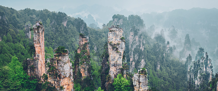 中国著名的旅游景点张家界石柱崖山雾云中,湖南武陵源,中国张家界山脉,中国图片