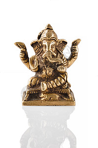 加尼莎青铜雕像隔离白色背景与反射白色的Ganesha雕像图片