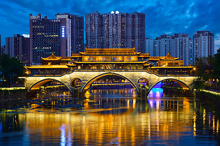 成都著名的地标安顺桥金河上,照明,四川成都安顺桥夜间,成都,中国图片