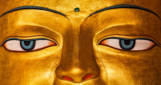 释迦牟尼佛像的全景图像靠近藏传佛教寺院希伊,拉达克,释迦牟尼佛雕像脸紧贴图片