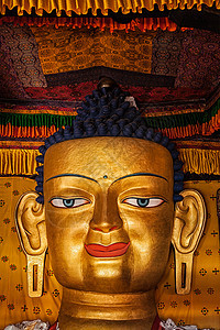 释迦牟尼佛像藏传佛教寺院SheyGompa近距离希伊,拉达克,释迦牟尼佛雕像脸紧贴图片
