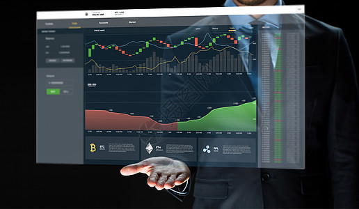 加密货币,商业技术虚拟屏幕上的商人工作图表虚拟屏幕上加密货币的商人图片