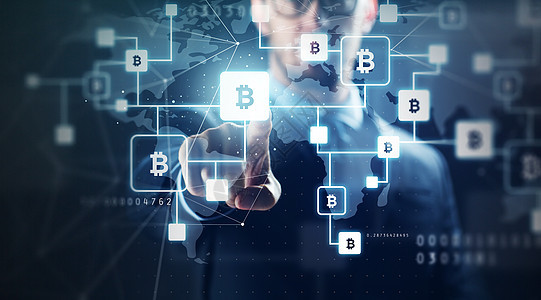加密货币金融商业进制代码蓝色背景上用虚拟比特币区块链全息图来密切商人的关系用比特币区块链商人图片