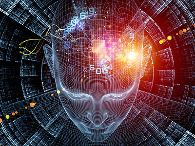 辐射思维系列人类头部线网模型分形图案的三维渲染与人类心灵人工智能虚拟现实的隐喻关系图片