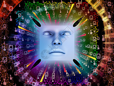 人工智能系列以类人工智能计算机意识技术为,人脸计算机元素进行三维插图的抽象图片