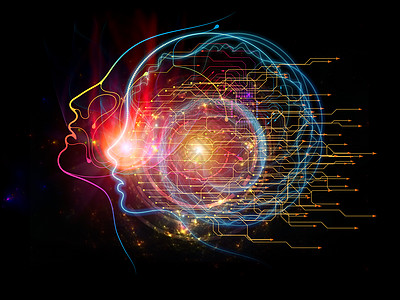 CPU思维系列视觉上吸引力的背景,由适合于计算机科学人工智能通信布局的人脸轮廓技术符号成图片