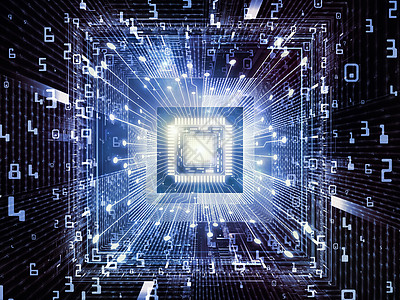 计算机系列以分形环境为视角的CPU三维插图,计算机科学数字世界虚拟现实现代技术相关项目的背景图片