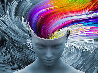 大脑漩涡人类头部的三维插图与彩色运动轨迹的艺术,心理学,创造力,想象力梦想背景图片