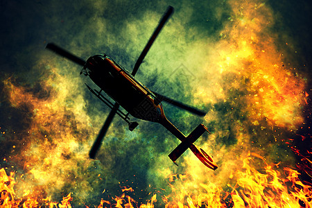 救援直升机飞过浓烟的火灾消防救生图片