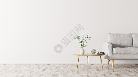 白色桌子上客厅内部木制三角茶几灰色沙发,斯堪的纳维亚风格,3D渲染背景