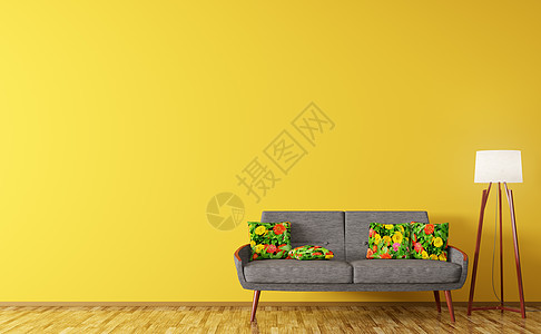 现代室内客厅,沙发与花卉图案垫子,落地灯橙色墙壁上三维渲染图片