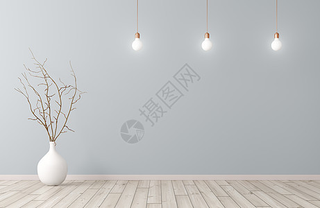 空房间内部背景,白色花瓶与树枝木地板灯泡蓝色墙壁3D渲染背景图片