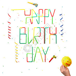创意静物照片的生日快乐标志,由鸡尾酒吸管与纸屑蛇形隔离白色背景图片