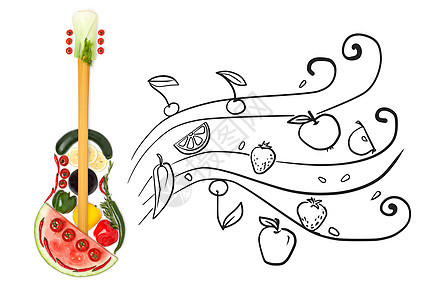 张由蔬菜水果制成的站立吉他的创意照片,背景灰色的粗糙的流动的水果味背景图片
