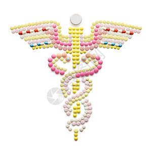 创造的医学医疗保健由药物药丸制成,隔离白色上卡杜塞医学象征商业象征,其特征蛇缠绕翼棒上图片