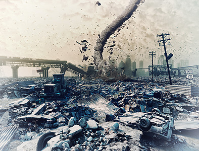 城市废墟龙卷风灾难景观三维插图背景图片