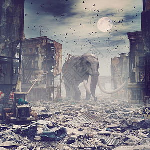 被摧毁的城市里的巨型大象创造的三维噪音增加了图片