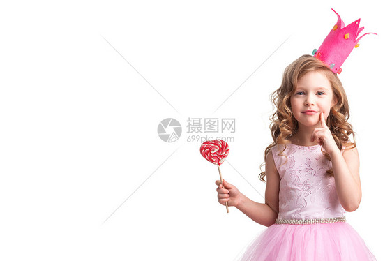 小糖果公主美丽的糖果公主女孩皇冠上着大粉红色的心棒棒糖微笑图片