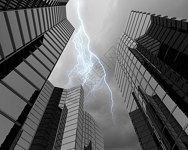 现代城市天空中雷电的摩天大楼的底部图像图片