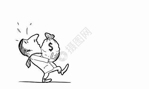 卡通趣的人滑稽男子白色背景上背着钱袋的漫画图片