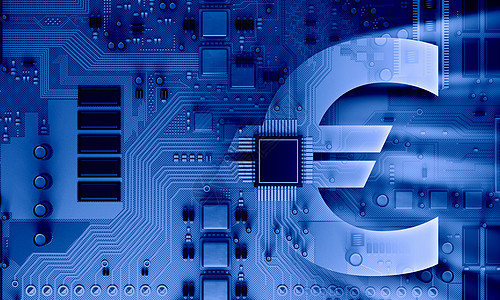 电路板蓝色背景背景图像与系统主板欧元标志图片
