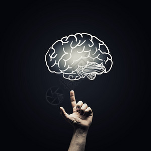 大脑思考女人手里着大脑符号人类的手用手指指向大脑图标背景