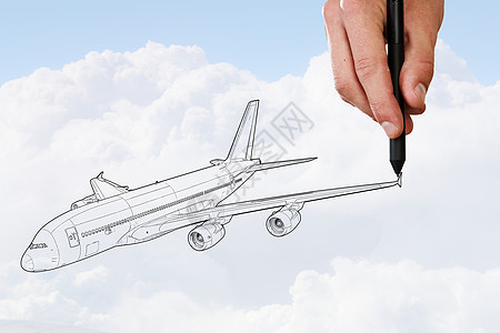 飞机人天空背景上画飞机模型图片