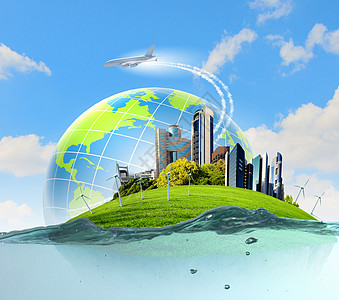 世界岛生态岛上的城市漂浮水中全球变暖背景