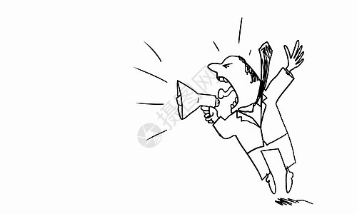 人类的卡通愤怒的商人白色背景上用扩音器尖叫的漫画图片