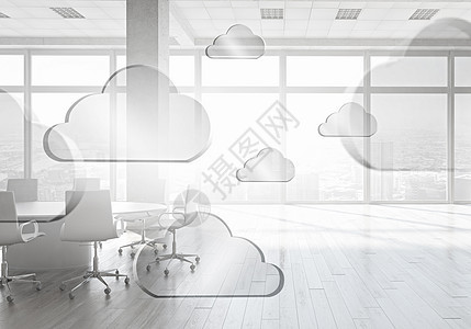 云计算白色优雅的办公室内部云连接三维渲染图片