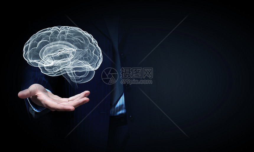 人类的大脑靠近商人的手,把大脑握掌心图片