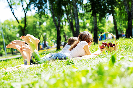 快乐的家庭夏天的公园度过周末花园里野餐背景图片