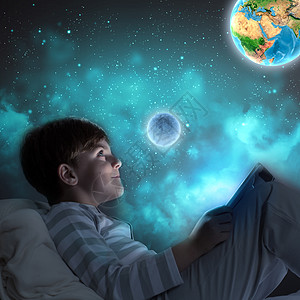 晚安男孩坐床上梦这幅图像的元素由美国宇航局提供的背景图片