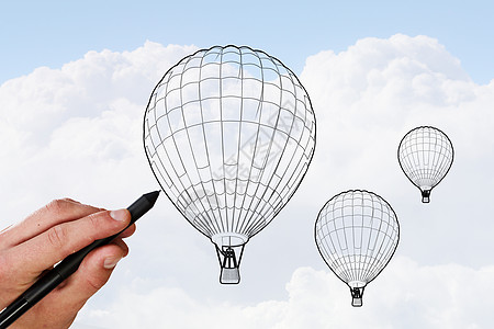手绘气球天空中的航空器人天空背景上手绘飞机背景