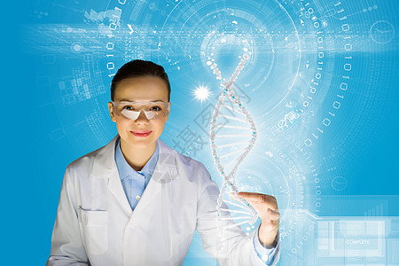 DNA分子女科学家媒体屏幕上触摸DNA分子图像图片