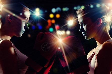 两个拳击手两个戴手套的拳击手女人打架前互相问候背景图片