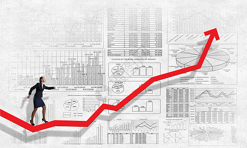 沃玛运行图表上轻的女商人断增加的箭头图上奔跑图片