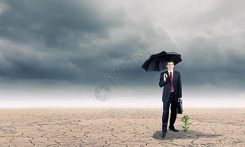 商务雨伞赚钱轻的商人带着雨伞保护着沙漠中生长的芽背景