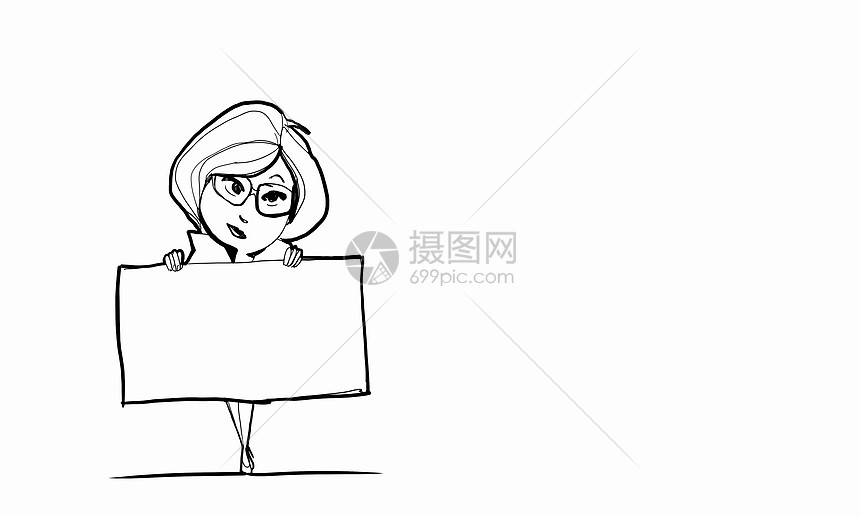 卡通趣的女人白色背景上带空白横幅的女人的漫画图片