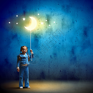 星星的孩子小可爱的女孩小可爱的女孩绳子上月亮的形象背景
