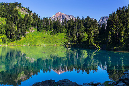 平静的景色山湖边,岩石平静的水中反射背景图片