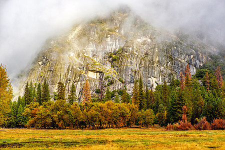 多云的秋季早晨,约塞米蒂公园山谷低云躺山谷里加州,美国图片