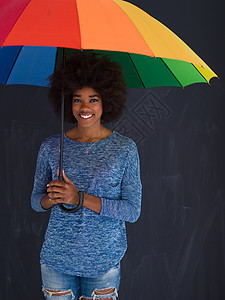 轻美丽的非裔美国妇女的肖像,着把五颜六色的伞,孤立灰色的背景上图片